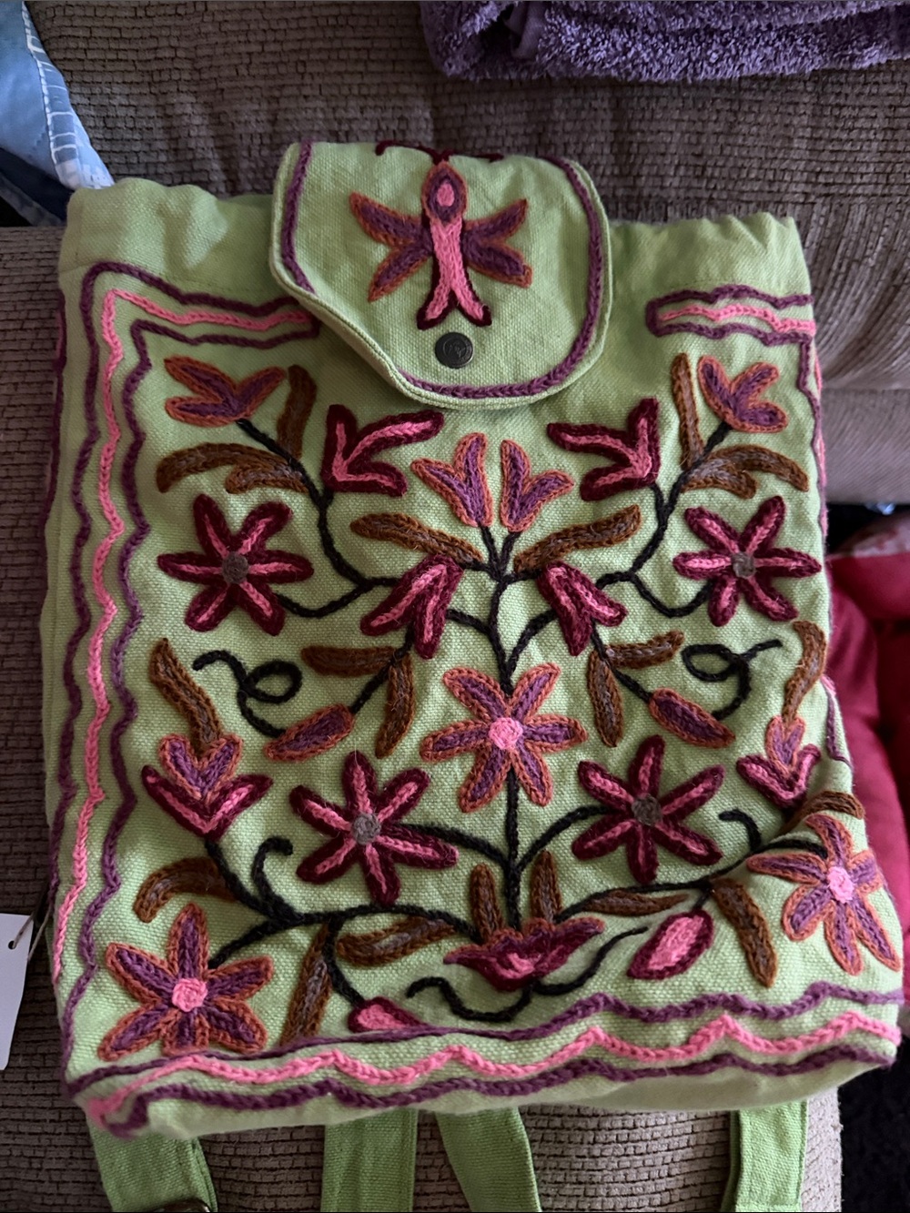 Hand-Embroidered Green Floral Backpack with Pink Accents
